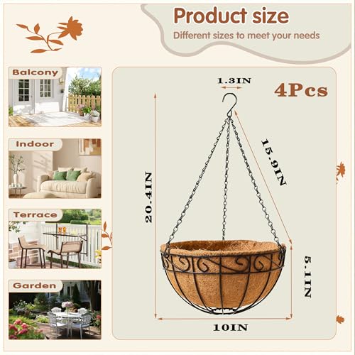 10 inch Metal Hanging Baskets For Plants Outdoor 4 Pack Round Metal Wire Hanging Basket Planter with Coco Fiber Liners Chain Round Wire Plant Holder for Garden, Patio, Deck, Porch Plants Flower Potsss - size: 10 Inch, style: Flower Border