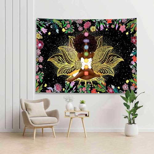Ine Ive African Chakra Tapestry African American Woman Zen Meditation Poster Starry Sky Flower Garden Inspirational Afro Yoga Wall Art Tapestry for Bedroom Dorm Decor (60x51 inch) - size: 60"L x 51"W