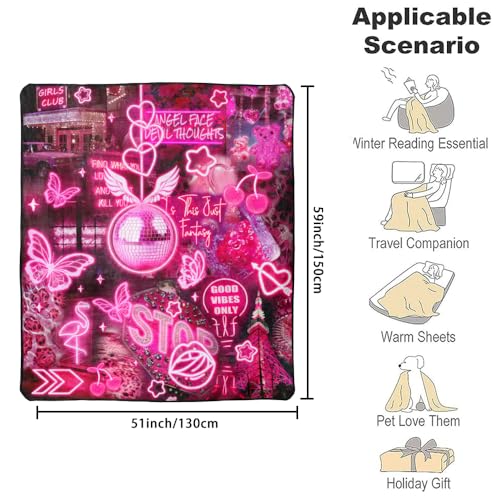 Blacklight Pink Collage Throw Blankets UV Reactive Aesthetic Throw Blanket Glow in the Dark Under Black Lights Game Room Decor Soft Throw Gifts 59x51 Inches - color: Bl Pink Collage