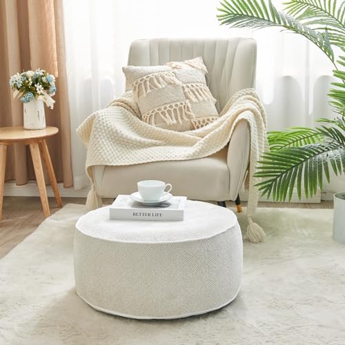 Inflatable Pouf Ottoman, 21x10 Inches Stuffed Chenille Ottoman with Inflatable PVC Liner, Foot Rest with Portable Handle, Round Floor Pillow for Living Room, Bedroom, Kids Room - color: White