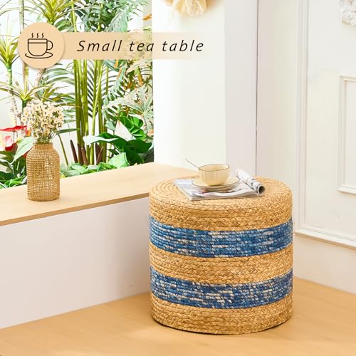 Handwoven Ottoman Pouf, Natural Water Hyacinth Footstool, Round Braided Outdoor Seat with Sturdy Frame, Boho Accent Stool for Patio, Balcony, or Garden (Blue) - color: Blue, size: 17.7"D x 17.7"W x 15.7"H