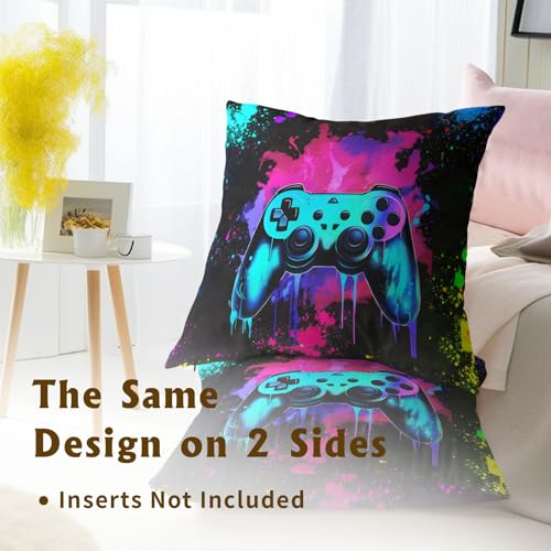 Blue Game Joystick Pillow Covers 16x16 Inch Set of 2, Colorful Abstract Graffiti Paint Splatters Throw Pillow Covers Square Black Cotton Cushion Cover for Home Couch Sofa Patio Bedroom Livingroom - color: Game Joystick240103, size: 16" x 16" (Pack of 2)