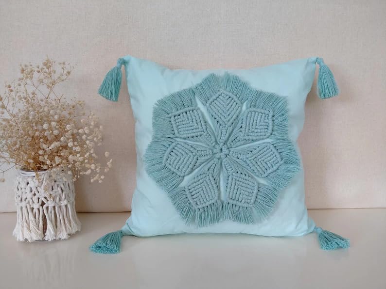Boho Macrame Floral Throw Pillow Cover with Corner Tassels, Light Turquoise Hand Knitted Fringe Decorative Square Cushion Case for Sofa Couch Bedroom Home Decor, 18x18 Inch (Pillow Insert Not Included