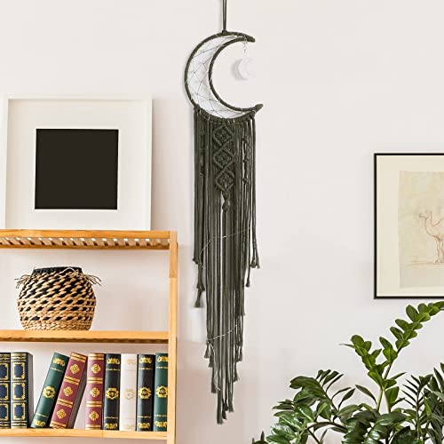 Olive Macrame Moon Dream Catcher, Boho Crescent Phase Woven Wall Hanging with Light, Handmade Unique Bohemian Nursery Decor with Star Ornament Decoration for Home Bedroom, for Girl Kids - color: Olive Green, size: With Light
