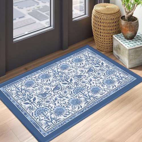 Blue Floral Rugs 2x3 Spring Summer Boho Flowers Decorative Indoor Outdoor Doormat Small Non-Slip Low Pile Front Door Mat Area Throw Rugs for Living Room Bedroom Home Decor - color: Blue Floral