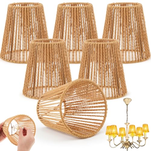 Riakrum 6 Pcs Chandelier Lamp Shades Set Small Lamp Shade for Pendant Wall Ceiling Lights Candle Bulbs Clip on Fitter Lampshade (Rattan,Brown) - color: Brown, size: Small - Rattan
