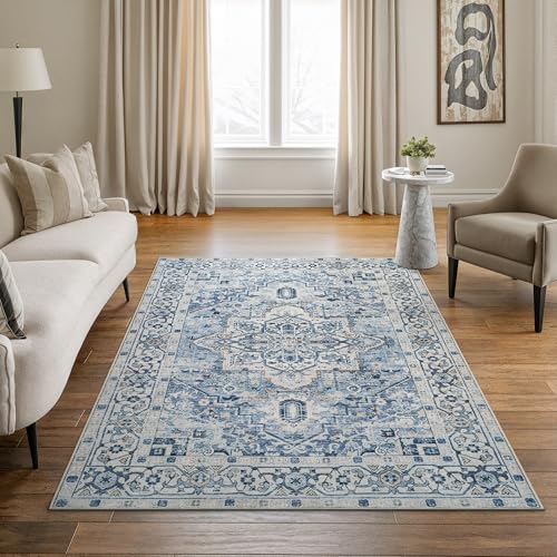 Bloom Rugs Caria Washable Non-Slip 4x6 Rug - Blue Traditional Area Rug for Living Room, Bedroom, Dining Room, and Kitchen - Exact Size: 4' x 6' - color: Blue, size: 4' x 6' (Rectangular)