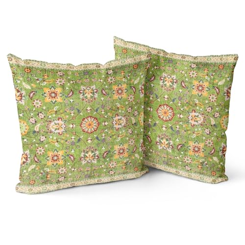 Snycler Boho Throw Pillow Covers Farmhouse Home Decor for Sofa Porch Patio Bed Room Outdoor，Set of 2，Bohemian Carpet Throw Pillows for Couch Decorative Pillow Cases，18x18inch,Green - color: Floral-green, size: 18" x 18" (Pack of 2)
