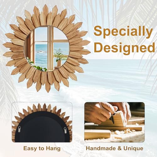 Boho Wood Sunburst Round Wall Mirror, 20 Inch Rustic Circle Wooden Frame Decorative Mirror for Farmhouse Coastal Home, Home Wall Decor for Living Room Entryway Bedroom, Light Wood - color: Brown, size: 20"L x 20"W