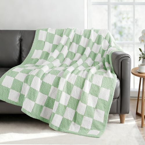 Exclusivo Mezcla Checkered Knit Throw Blanket, Ultra Soft and Warm Reversible Woven Blankets, Cozy Snuggly Throw for Couch Bed and Home Decor, Sage Green, 50"x60" - color: Sage Green, size: Throw (50"x60")