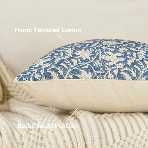 FIOUOVO Floral Throw Pillow Covers 18x18 Farmhouse Block Print Pillow Covers Decorative Pillow Covers Couch Pillows for Living Room Vintage Accent Sofa Pillows Set of 2, Vintage Blue - color: Vintage Blue, size: 18" x 18" (Pack of 2)