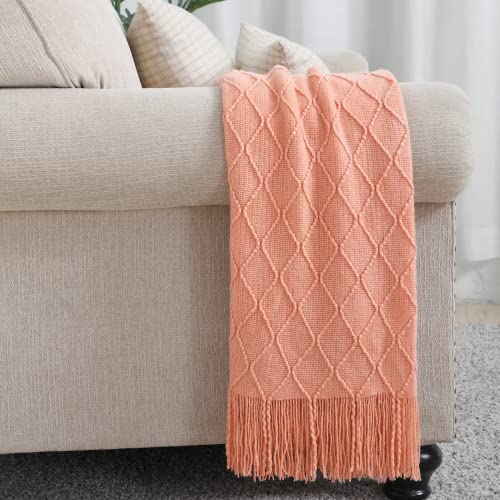 BOURINA Orange Throw Blanket 50x60 Inches Throw Textured Solid Soft Sofa Couch Decorative Knit Blanket - color: Coral, size: 50"x60"