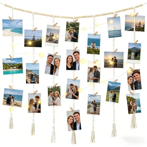 Macrame Hanging Photo Display Wall Decor, Bohemian Style,Picture with String Lights, Featuring a 30-Clip Teen Girl College Bedroom Living Room Classroom
