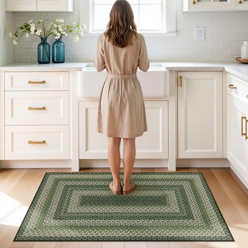 Ileading Faux Braided Indoor Door Mat 2'x3' Washable Farmhouse, No-Shed Non-Slip Woven Carpet, Pet Friendly Stain Resistant Jute Style Rug for Entryway Kitchen Laundry Room - color: Multi Color-green, size: 2' x 3'(Rectangular)