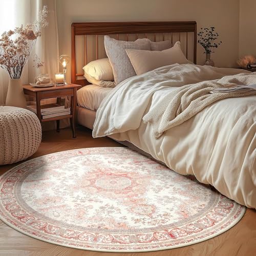 Pink Round Rug 4ft, Circle Washable Area Rugs for Bedroom Bathroom Entryway, Small Boho Vintage Bohemian Distressed Oriental Floral Carpet Non Slip,Blush Floral - color: Rug11-pink, size: 4'x4'