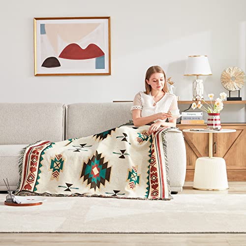 Touchat Native American Blanket Western Decor Boho Throw Blanket for Sofa, Mexican Decorative Farmhouse Blanket, Southwest Decor Woven Blankets, Aztec Throw Blankets with Tassel(Beige,50×60 inch) - color: Beige