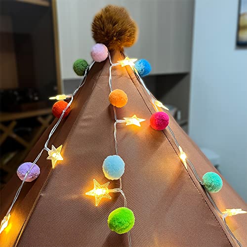 ChiRee Indoor String Lights 6.56 Feet Pom Poms Star Lights 20 LED Battery Operated String Fairy Lights Warm White Star Lights Colorful Decor Lights for Home Bedroom Kids Playhouse Holiday Christmas - style: Star-Colorful