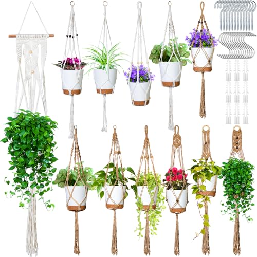 Hoteam 12 Pcs Macrame Plant Hangers Macrame Hanging Planters for Indoor Plants Handmade Boho Hanging Baskets Flower Pots Holder for Outdoor Home Wall Decor - color: Beige, Brown