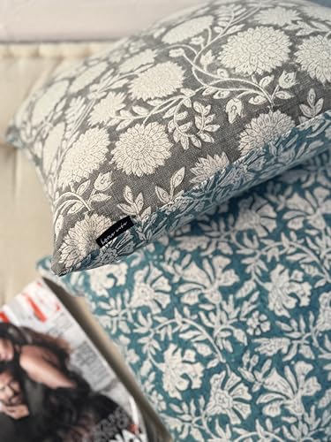 Handblock Printed Vintage Indian Cotton Decorative Throw Pillow Covers, Set of 2 (Vintage Turquoise Grey, 18" x 18" (Pack of 2)) - color: Vintage Turquoise Grey, size: 18" x 18" (Pack of 2)