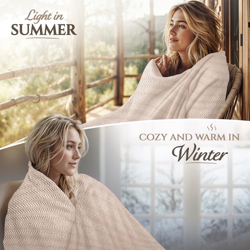 Cashmere Blanket – Hand Woven 100% Pure Wool Throw Blanket, 135 x 270 cm – Herringbone Pattern Cozy, and Soft Blanket for Bed, Sofa, or Couch - Made in Nepal - color: Grey Brown