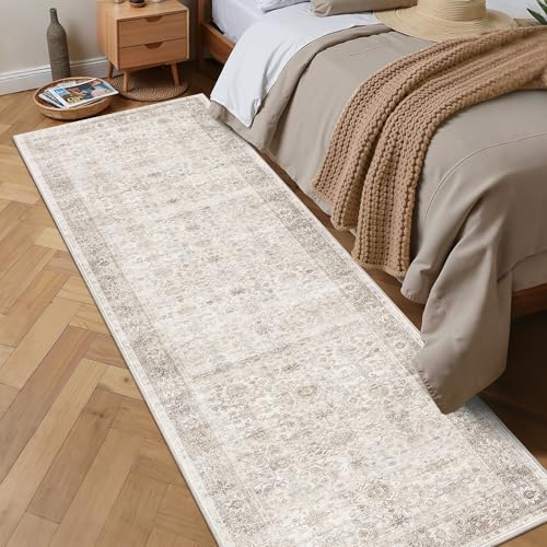 2x5 Neutral Beige Vintage Washable Runner Rugs for Hallway Kitchen Boho Hallway Carpet Low Pile Non-Slip Retro Distressed Accent Throw Rug for Entryway Bathroom Bedroom - color: Neutral Beige, size: 2'*5'(Runner)