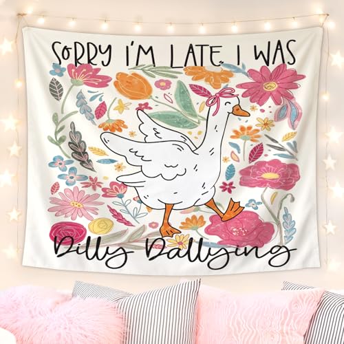 Lacama Pink Funny Tapestry, Cute Goose Tapestry for Bedroom Teen Girls Room College Dorm Apartment, Preppy College Dorm Decor, Sorry I’m late, I was Dilly Dallying Blanket for Friend 50x60 - color: Sorry I'm late, I was Dilly Dallying