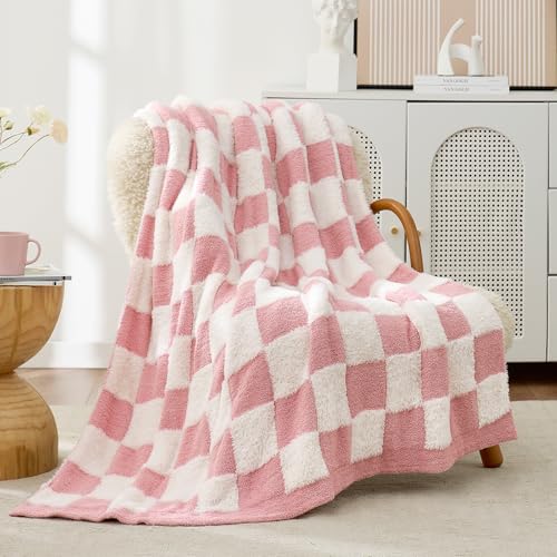 Snuggle Sac Pink Checkered Throw Blanket Faux Fur Microfiber Blankets for Couch,Cozy Soft Warm Blanket for Sofa Bedroom Living Room,Pink Checker,50x60 inches - color: Pink White, size: Throw(50"x60")