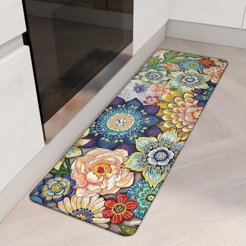 Floral Long Kitchen Runner Rug for Floor, Boho Cushioned Anti-Fatigue, Non-Slip Standing Desk, Waterproof Comfort Mat for Sink, Office, Laundry, 17.3x59 Inch - color: Colorful Boho Floral, size: 17.3"x59"-0.40Th