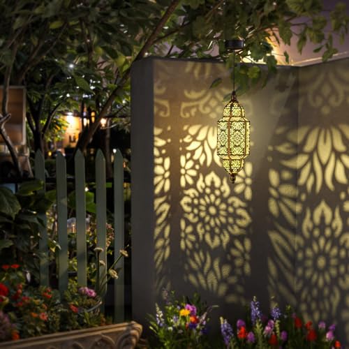 Twinkya Hanging Solar Lights Outdoor Garden Decorative Solar Lantern Waterproof Metal Moroccan Outdoor Decorations for Patio Pathway Yard Porch Backyard Garden Decor (Gold, 1 Pack) - color: Gold, size: 1pack