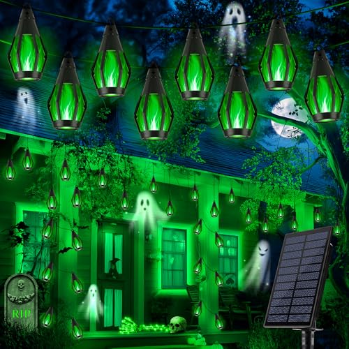 iBaycon Solar Halloween Lights, 27Ft 10 LED Bulbs Flickering Flame String Light, Outdoor Waterproof Solar Flame Lights for Garden Yard Patio Halloween Decorations (Green) - color: Green, size: 27FT