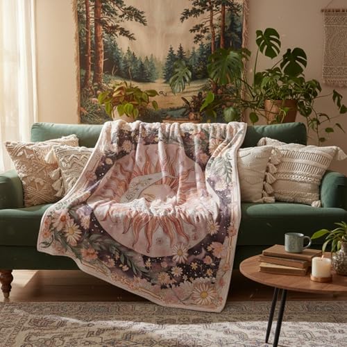 Neasow Sun Moon Daisy Throw Blanket, Boho Aesthetic Floral Blanket, Super Soft Pink Bohemian Decor for Couch Dorm Sofa Room, 50×60 inch - color: Pink Sun and Moon, size: 60"L x 50"W