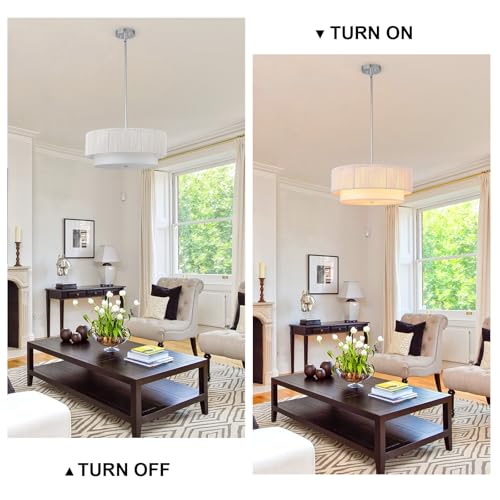 18'' Farmhouse Rattan Chandeliers for Dining Room,3-Light Boho Light Fixtures Rattan Pendant Light Fixture with Fabric Shade Drum Chandeliers for Bedroom Dining Room Foyer Kitchen Hallway（White） - color: White, size: 18 inch Drum
