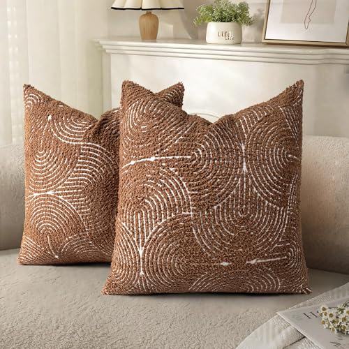 AELS Boho Decorative Textured Throw Pillow Covers 18x18, Organic Modern Mid Century Rainbow Tufted Pillow Case, Farmhouse Rustic Geometric Woven Cushion Case for Bed Couch Sofa, Burnt Orange - color: Burnt Orange, size: 18" x 18" (Pack of 2)