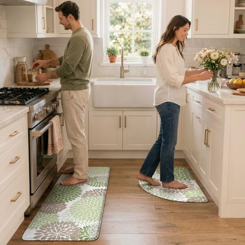 KIMODE Half Circle Kitchen Foor Mats Cushioned Anti Fatigue,Dahlia Floral Boho Kitchen Rug Sets of 2 Non Slip,Waterproof Kitchen Carpet Decor for Sink Laundry Bathroom,Sage Green - color: Sage Green, size: 18" x 28"+18" x 47"-0.47 inches