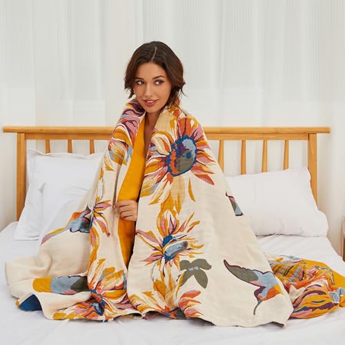 Boho Cotton Throw Blanket - Large Soft All-Season Quilt with Rustic Floral Design for Bed and Couch, Suitable for Living Room and Farmhouse Decor (Flower-Butterfly, Throw (50" x 60")) - color: Flower-butterfly, size: Throw (50" x 60")