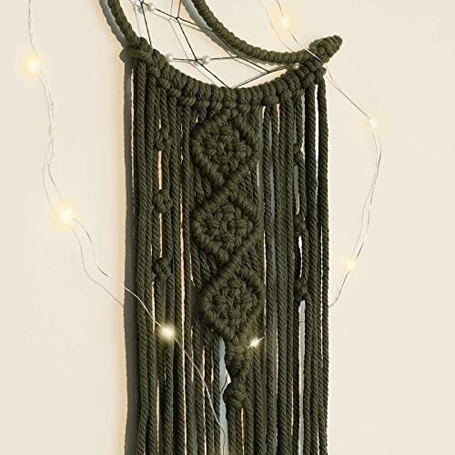 Olive Macrame Moon Dream Catcher, Boho Crescent Phase Woven Wall Hanging with Light, Handmade Unique Bohemian Nursery Decor with Star Ornament Decoration for Home Bedroom, for Girl Kids - color: Olive Green, size: With Light