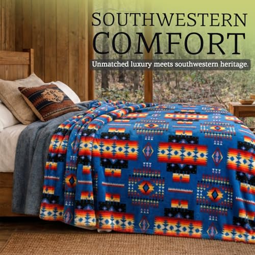 Sacred Thread Aztec Blanket Fleece, Reversible Native American Blanket, Western Throw, Native American Western (Blue Flannel), Queen (79”x95”) - color: Blue Flannel, size: Queen (79”x95”)