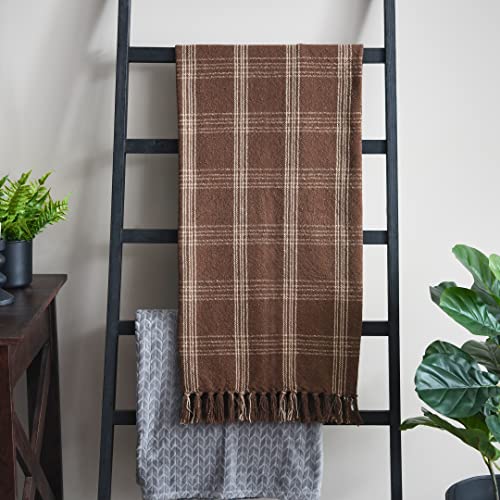 Creative Co-Op Recycled Cotton Blend Throw Blanket with Fringe, Brown Plaid - color: Brown, size: One Size