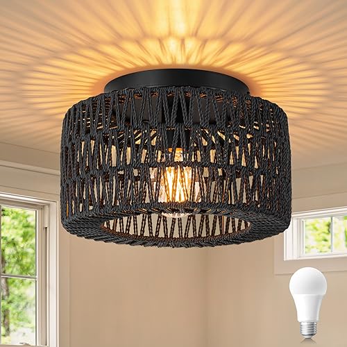 SineRise Rattan Ceiling Light Fixtures (12-Inch, LED Bulb Included), Hand-Woven Boho Flush Mount Ceiling Light, Rattan Chandelier for Hallway Kitchen Farmhouse Foyer Entryway Living Room(Black) - color: Black, size: Small