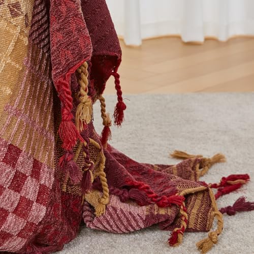 amorus Boho Sofa Cover, Chenille Jacquard Tassels Throw Blankets for Couch Bed, Decorative Sofa Slipcover Protector - Red Plaid (60 * 75inch) - color: Red Plaid, size: 60 x 75 in