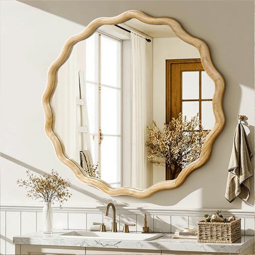 Circle Wood Mirrors for Wall, Wavy Round Bathroom Scalloped Mirror Wooden Frame 28 Inch for Living Room Farmhouse Bedroom Hallway Entryway Living Room with Shatterproof Glass Wall Mounted - size: 28"L x 28"W
