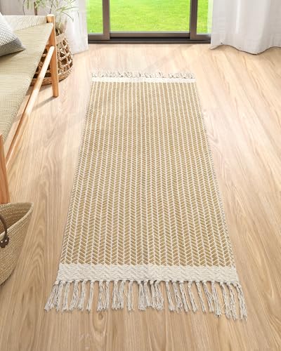 Lahome Belle Boho Kitchen Runner, 2x4.3 Bathroom Runner Rug Lightweight Entryway Rugs Woven Cotton Throw Mat with Tassels, Farmhouse Non Shedding Washable Low Pile Runners for Bedroom Doorway, Khaki - color: Khaki, size: 2' x 4'3" (Runner)