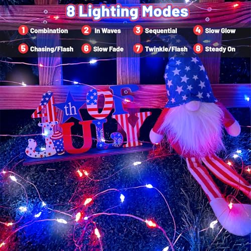4th of July Decorations Solar String Lights 2Pack 400LED Independence Day Lights for Outside, Red White and Blue Solar Light Waterproof, Copper Wire 8 Modes Twinkle Light for Memorial Day National Day - color: Red Blue White, size: 2 Pack-400LED