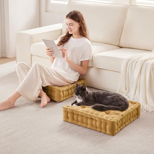 Intelligent Design Floor Pillow - Shredded Foam Filled Meditation & Yoga Cushion, Chenille Tufted, Handsewn Scalloped Edge, Oeko-TEX Certified, Azza, 20" x 20" x 5" Yellow - color: Yellow