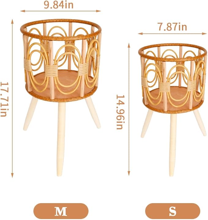 2Pcs Rattan Plant Stand Indoor Planter: Handmade Boho Wricker Plant Stand - Large Floor Planter Riser Mid Century Plant Holder for Flower Pots