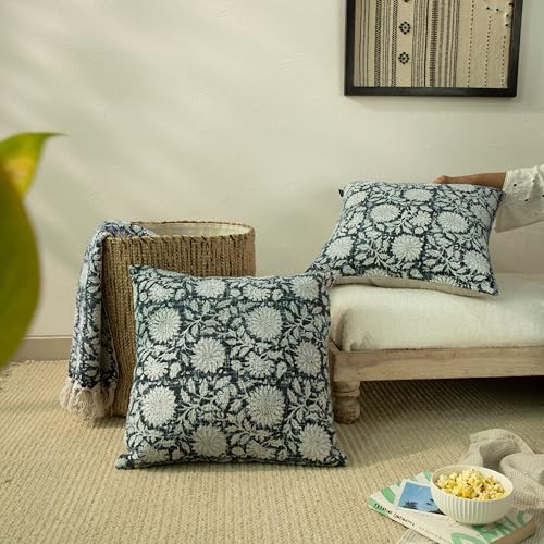 Handblock Printed Vintage Indian Cotton Decorative Throw Pillow Covers, Set of 2 (Midnight Blue, 18" x 18" (Pack of 2)) - color: Midnight Blue, size: 18" x 18" (Pack of 2)