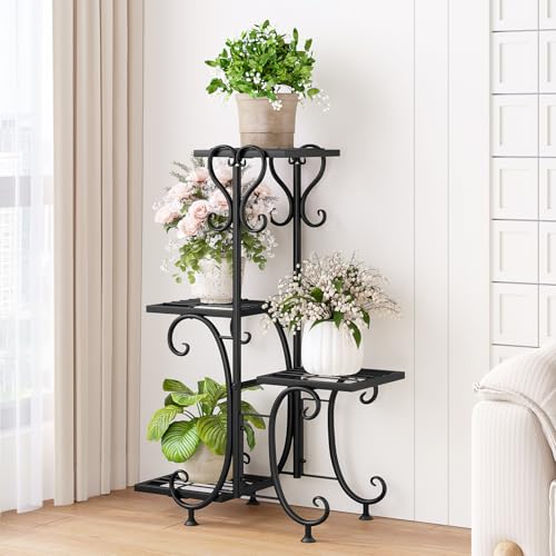 INGIORDAR Plant Stand Indoor Outdoor Shelf 4Tier Metal Holder Pot Rack Multiple Plants Stand Tall Flower Shelf Corner Living Room Garden,Black (Black, 4 Pots) - size: 4 Pots
