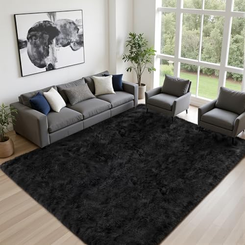8x10 Area Rugs for Living Room Bedroom: Ultra Soft Fluffy Shag Rug Upgrade Non-Slip Non-Shedding Large Fuzzy Plush Carpet Indoor Floor Carpets for Kids Room Playroom Nursery Dorms Home Decor Black - color: Black, size: 8' x 10' (Rectangular)