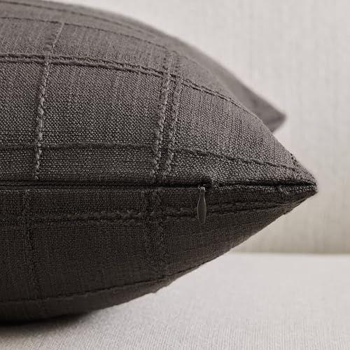 ZeeMart Linen Checked Throw Pillow Covers Set of 2, 22x22 Inch Allover Grid Charcoal, Farmhouse Decorative Double Sided Grid Embroidered Couch Pillow Cases Grey Cotton Linen Cushion Covers - color: Allover Grid Charcoal, size: 22" x 22" (Pack of 2)
