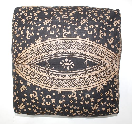 INDIAN CRAFT CASTLE ICC Mandala Barmeri Large Floor Pillow Cover Cushion Meditation Seating Ottoman Throw Cover Hippie Decorative Zipped Bohemian Pouf Ottoman Cases Black Gold 16" Square - color: Black Gold, size: 16"D x 16"W x 5"H